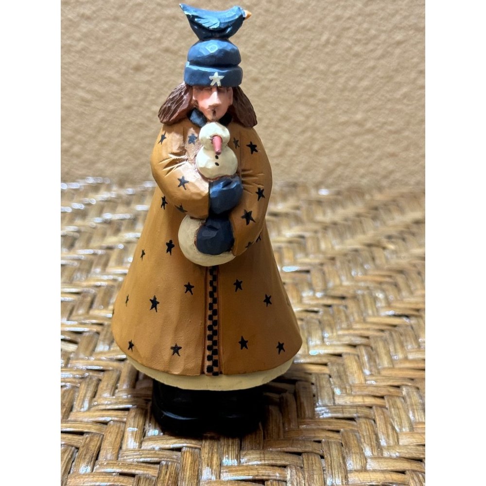 1998 Williraye Studio Person in Long Coat with Snowman & Bird Figurine #2229